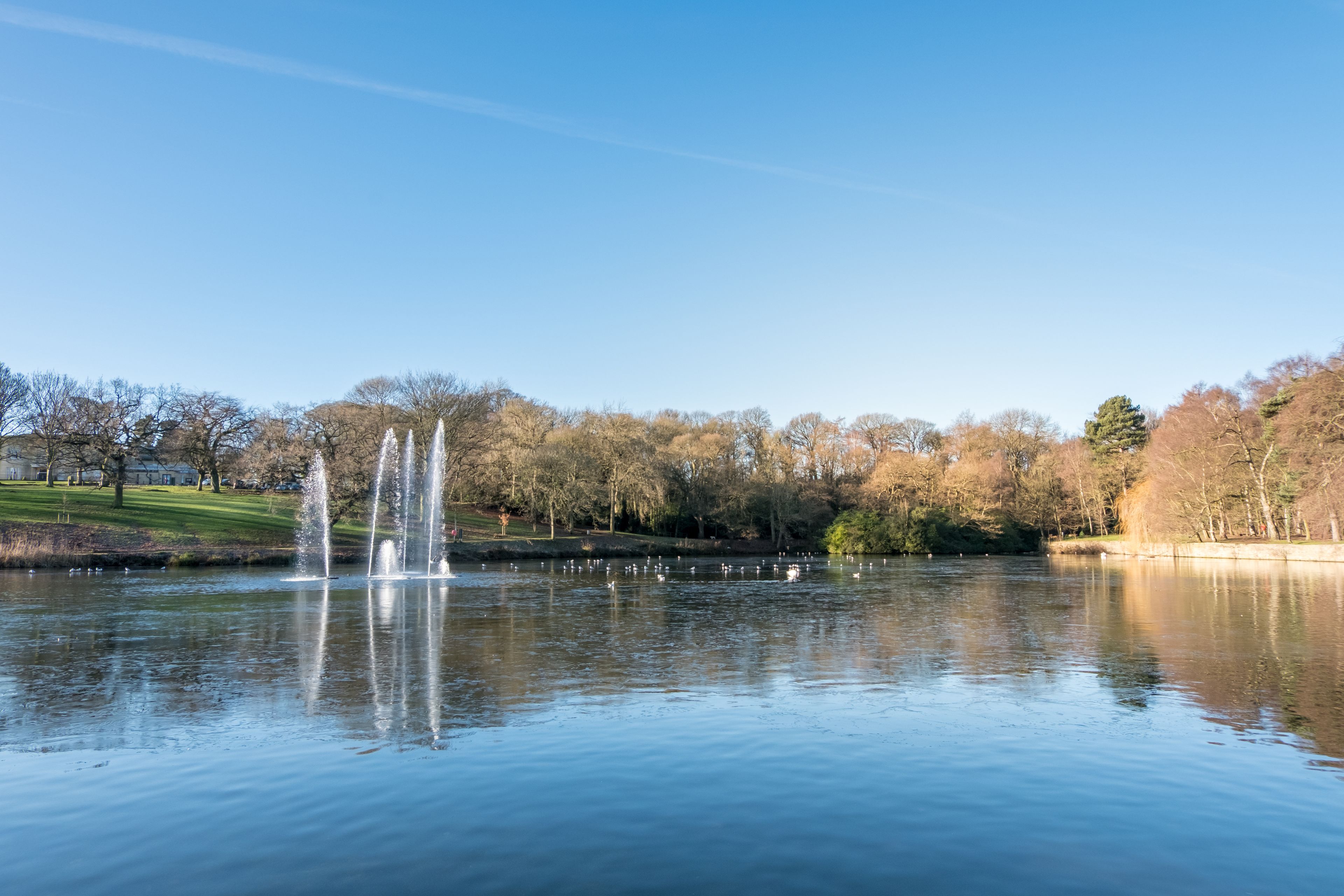 Roundhay Park lake with water fountains