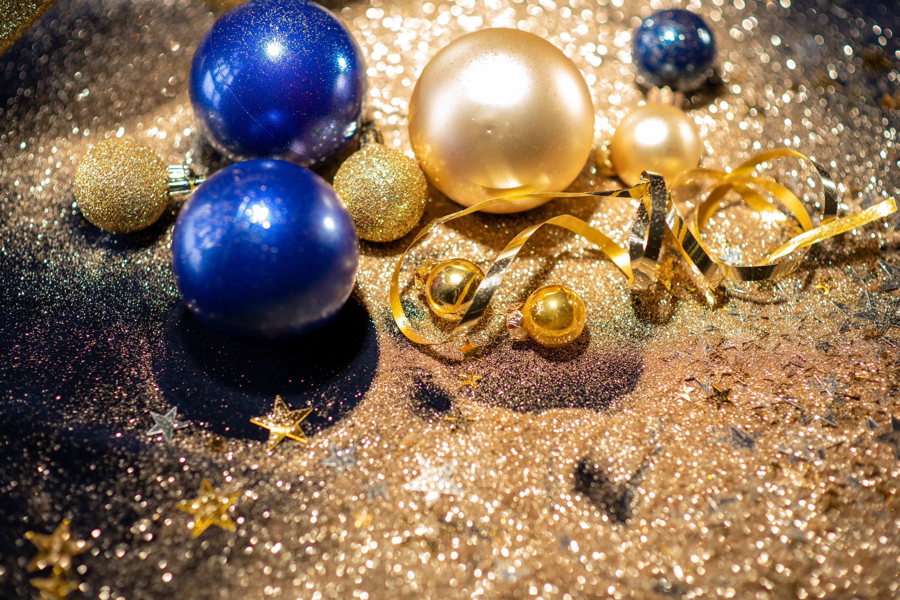 Festive Christmas baubles, stars and glitter